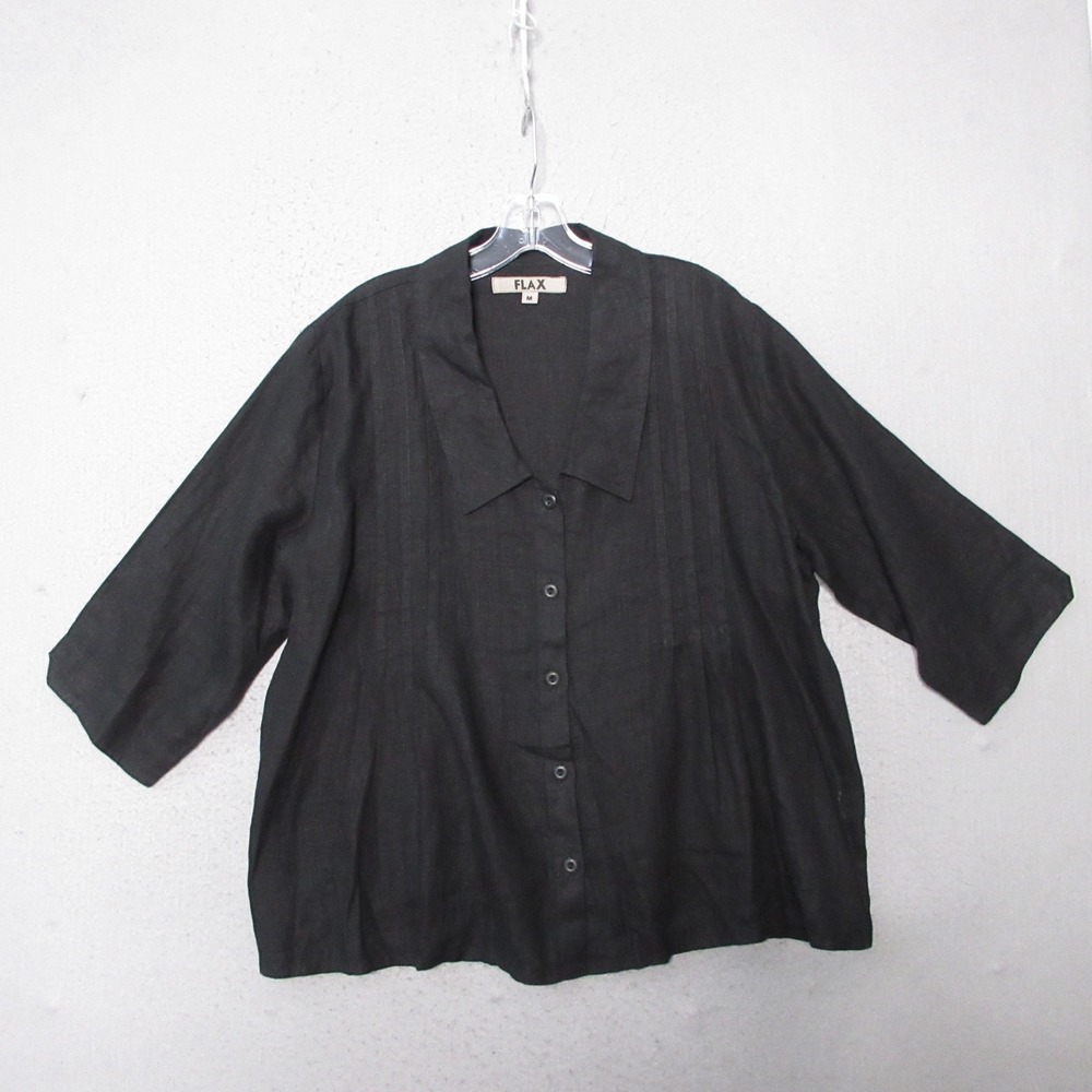FLAX Top Black Linen Lagenlook Pintuck Relaxed Boxy Natural Fiber Timeless